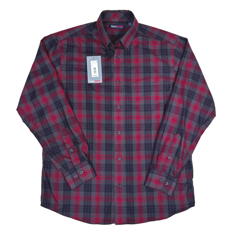 Travel Smart Roundtree Yorke Men's Plaid Button Down Shirt Red Gray M Easy Care